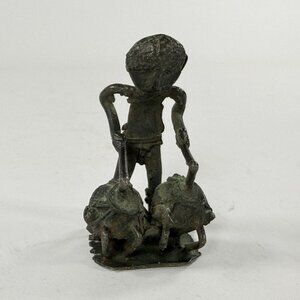 African Ashanti Art Bronze Metal Drummer Figure Figurine 3” Bongo Conga Drums